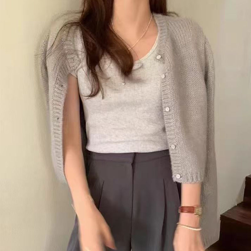 Korean-Style Chic Loose V-Neck Solid Color Chunky Knit Cardigan Sweater for Women, Oversized Knit Top Jacket for Women