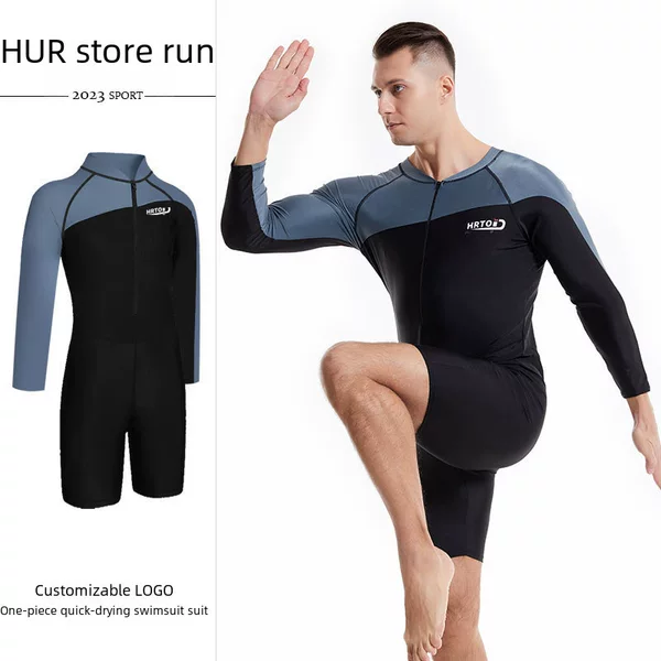 HURUN One-piece Swimsuit Men's Long-sleeved Large Size Swimsuit Quick-drying Jellyfish Suit for Teenagers Snorkeling Surfing Suit
