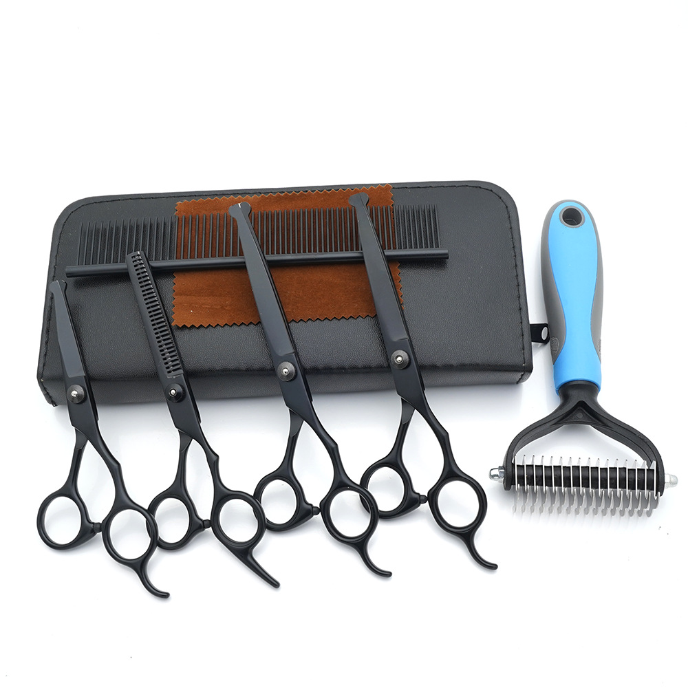 Tijeras de cuidado de mascotas al por mayor de fábrica, tijeras planas de corte de pelo de perro, tijeras de dientes finas, tijeras de colores, herramientas de corte de pelo de gato