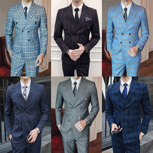 Autumn and Winter Trendy Double-Breasted Men's Suit Business Formal Slim-Fit British Style Casual Three-Piece Korean Version