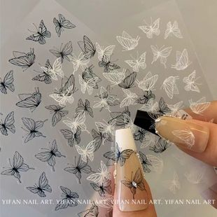 Nail Art Hand-painted Liquid Butterfly Sticker silver Dark Waterproof Ins Hollow Black and White Nail Art Sticker Little Red Book Explosions