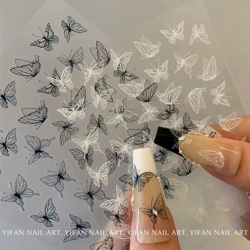 Nail Art Hand-painted Liquid Butterfly Sticker silver Dark Waterproof Ins Hollow Black and White Nail Art Sticker Little Red Book Explosions