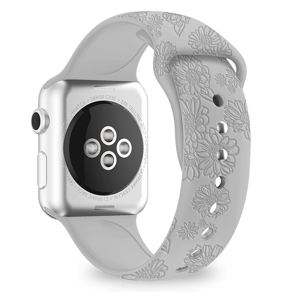 适用苹果手表applewatch7压纹蝶恋花玫瑰花印花硅胶2~6SE通用表带