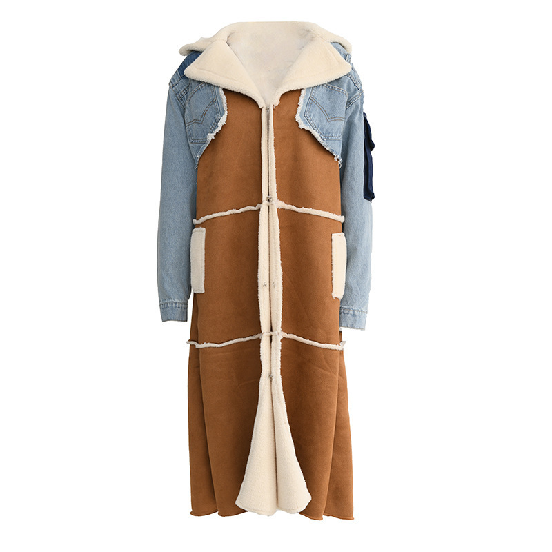 Women's Denim Patchwork Coat With Lamb Wool Lining For Winter_voghion.com