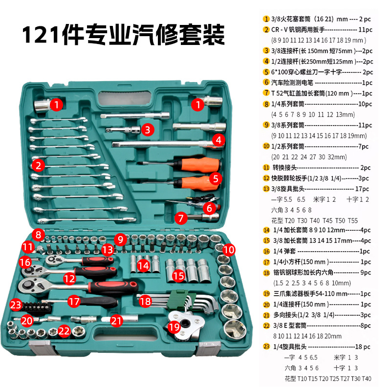 Juego de herramientas de manguito de empalme de doble propósito con llave de trinquete rápida galvanizada de 121 piezas para reparación de automóviles