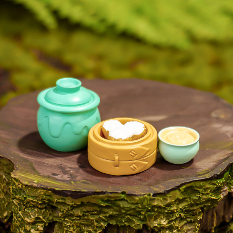 Accesorios de paisaje Pajar Cubo de madera Pimiento Ajo Micro vino Tazón Cesta de bambú Bollos al vapor Decoración de resina Artesanía