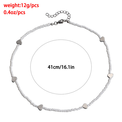 European and American style summer white rice bead heart pendant necklace for women, temperament short style versatile handmade necklace