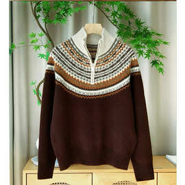 北欧时尚复古立领半拉链费尔岛提花牦牛绒混纺羊毛针织衫毛衣秋冬