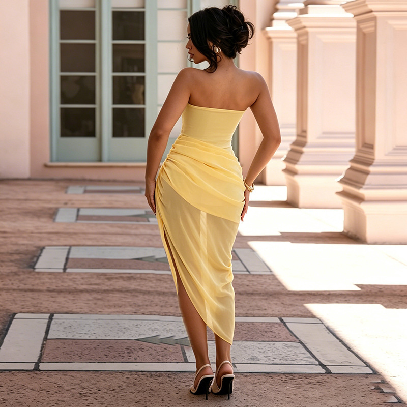 Comercio exterior ropa de mujer 2026 verano nuevo sin mangas pectoral malla perspectiva empalme pliegues colgantes de cintura vestido de horquilla mujer image 3