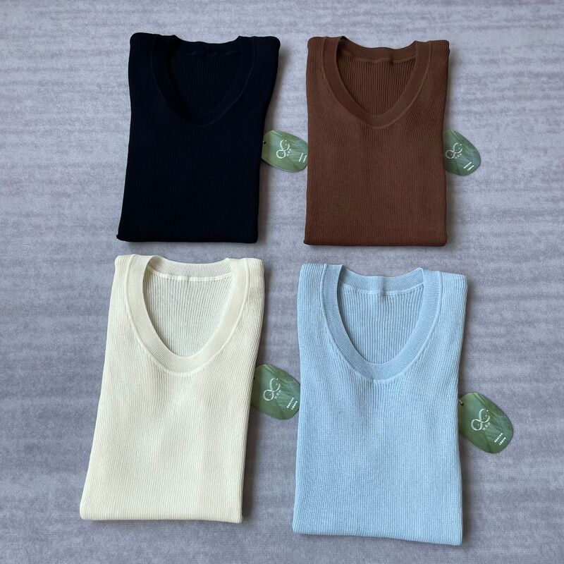 Jin's Triacetate + Cotton Is Light and Dry! Goose Egg Collar Fine Pit Strips Elegant Slimming Look Short-Sleeved Knitwear for Women Summer