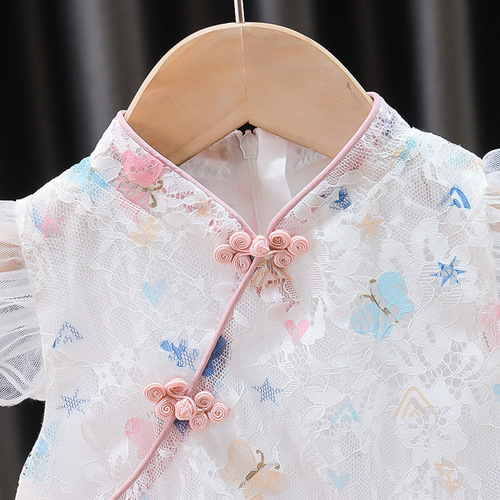 Girls Tang suit cheongsam summer dress Hanfu year old baby girl short-sleeved cotton and linen national style dress 77037