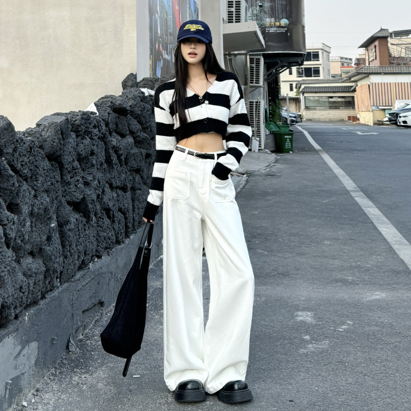 American white high waist wide-leg jeans for women in spring and autumn new pear-shaped hip-covering, slimming, loose, drape straight-leg trousers