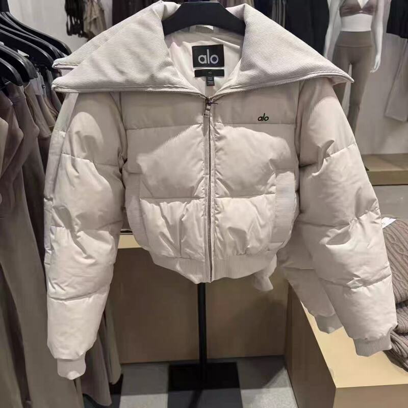 Alo Cross-Border Solid Color Woolen Large Lapel Short down Jacket with a Cinched Waist, Fashionable and Versatile, Waterproof