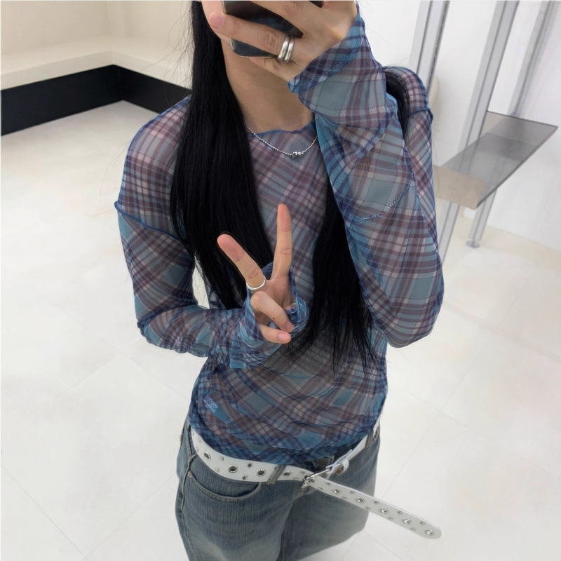 Korean Ins-Style Retro Plaid Mesh Base Shirt Japanese-Style Slim-Fit Long-Sleeve T-Shirt Top for Girls in 3 Colors Korean Ins-Style Retro Plaid Mesh Base Shirt Japanese-Style Slim-Fit Long-Sleeve T-Shirt Top for Girls in 3 Colors