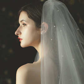 森系高级感珍珠新娘头纱超仙白色双层求婚领证旅拍照道具结婚头饰