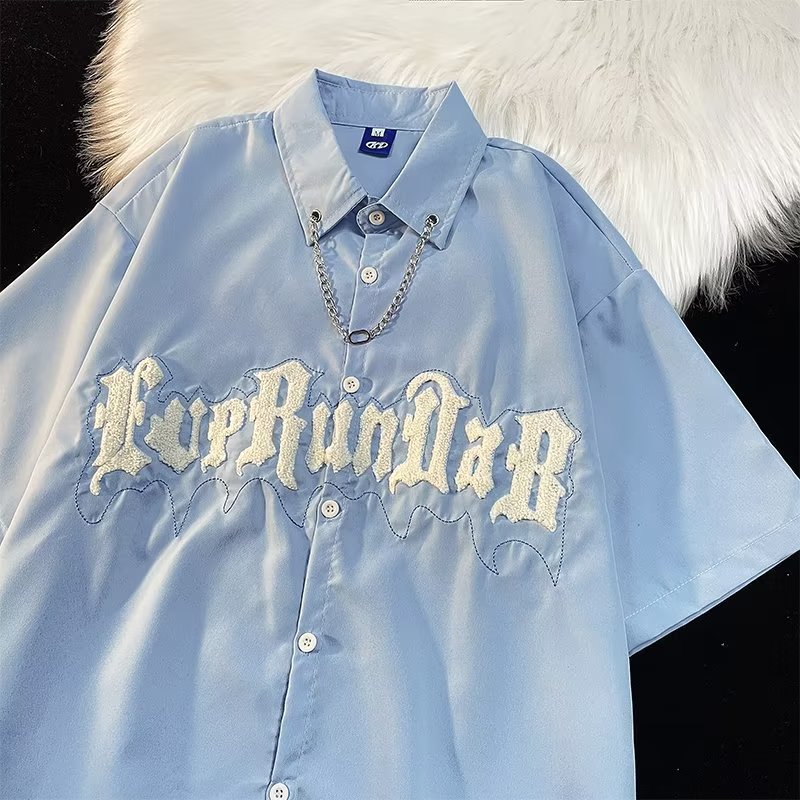 Impreso cuello cuadrado manga corta Camisa diaria primavera estándar hombres nueva moda Harajuku perezoso moda juvenil