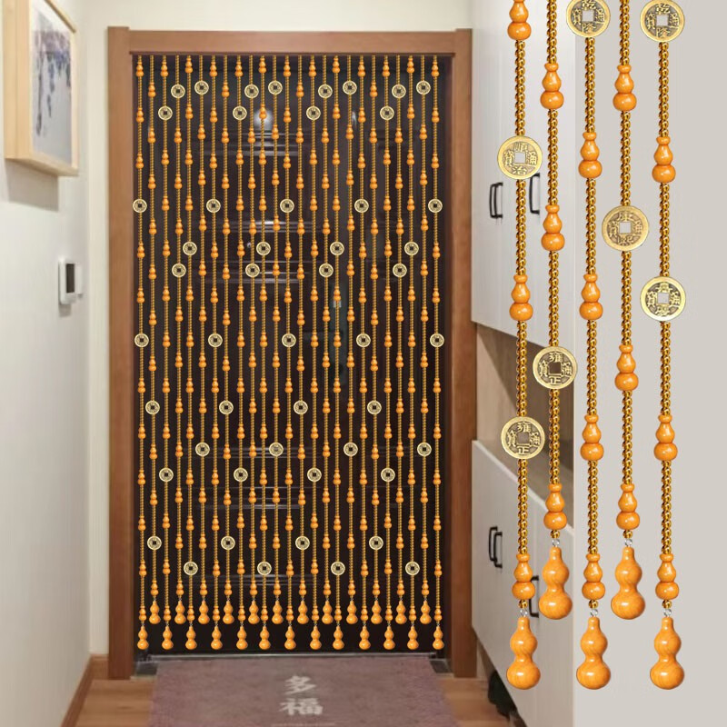 Peach Wood Gourd Crystal Bead Curtain Five Emperors' Coins Partition Door Curtain Bathroom Hanging Curtain Entrance Screen Window Curtain New Chinese Style