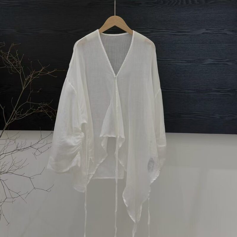 26 New Summer Design Lightweight Sun-Protective Side-Tie Long-Sleeve V-Neck Ramie Shirt for Women Versatile Loose Top