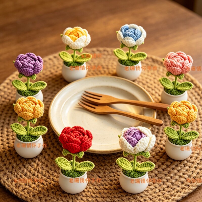 Cross-Border Finished Product Handmade Knitted Rose Potted Plant Home Decoration Knitted Artificial Flower Office Desktop Mini Ornament Cross-Border Finished Product Handmade Knitted Rose Potted Plant Home Decoration Knitted Artificial Flower Office Desktop Mini Ornament