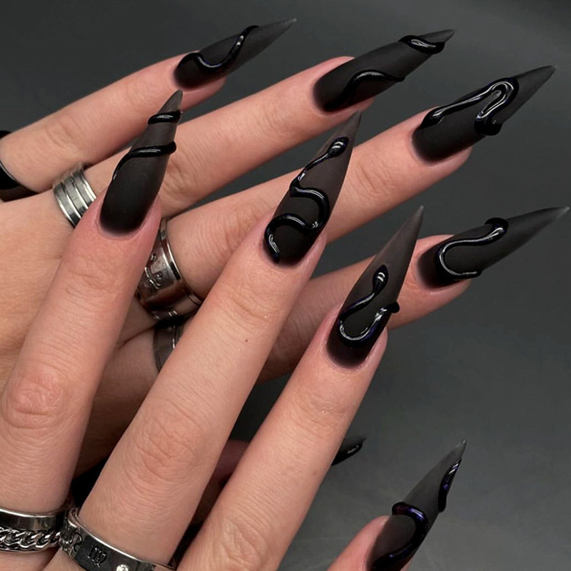Cross-Border Long-Pointed Wearable Nail Glue Patch Manicure Stereo Black Snake Wearable Nail Wholesale Fake Nail Finished Nails