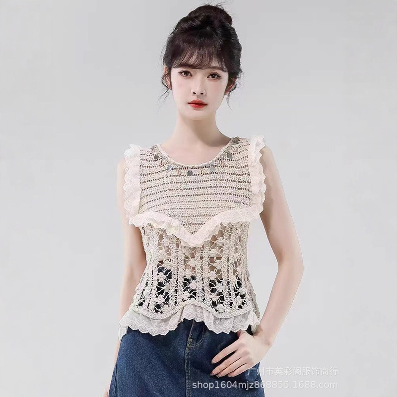 French Design Crochet Hollow Shell Round Neck Vest Women's New Summer Sweater Top Lace Shirt Trendy