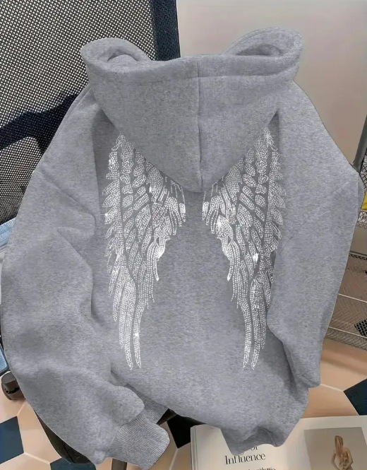 Women's Clothing Trendy Simple Design Wing Print Sweatshirt Casual Loose Sweatshirt Pullover Jacket_ecoleips.com