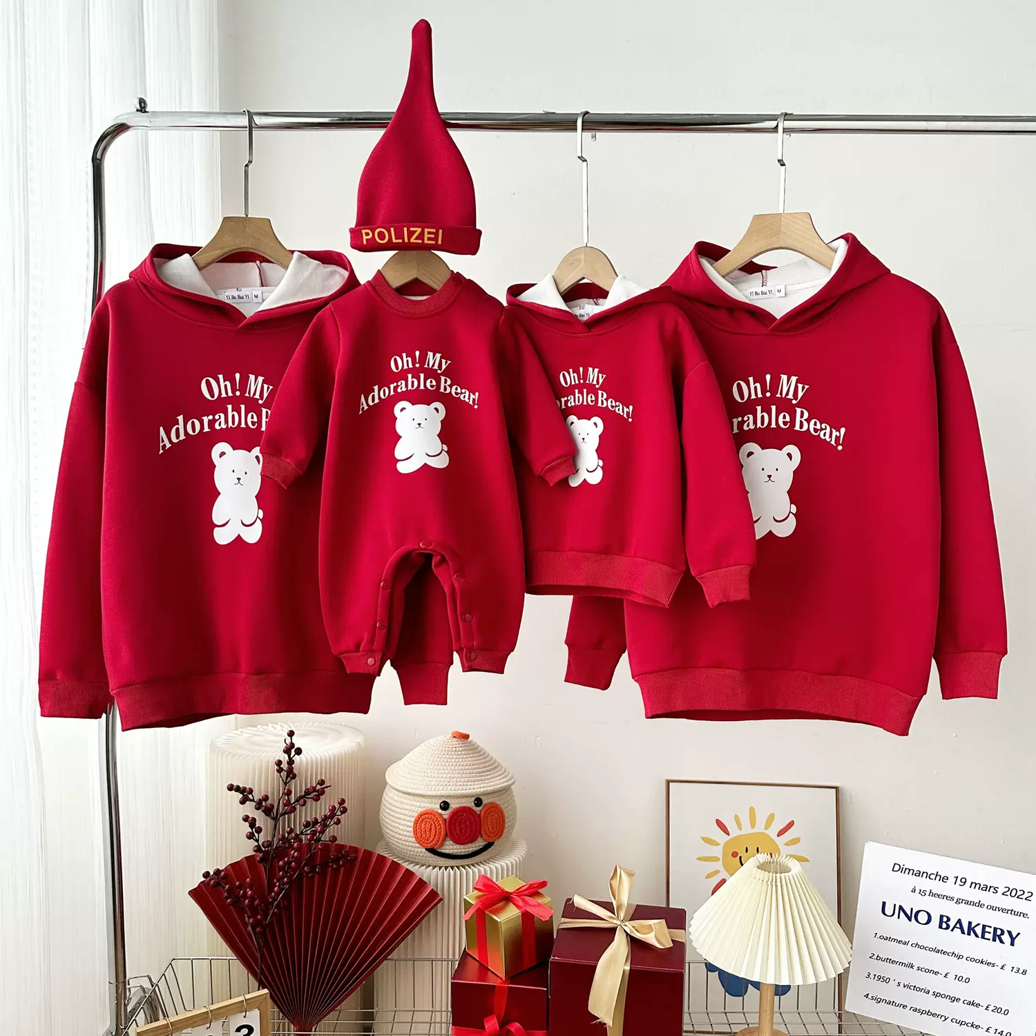 亲子装一家三口秋冬装加绒红色卫衣冬季拜年服洋气母子母女婴儿装