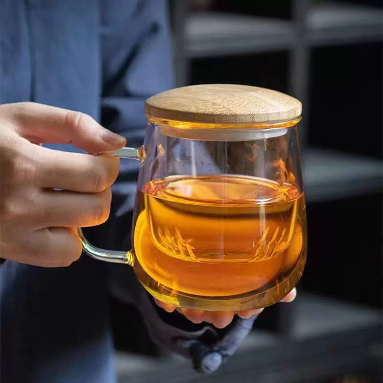 泡茶杯玻璃水杯带把带盖茶水分离杯透明过滤杯子男女士办公杯家用