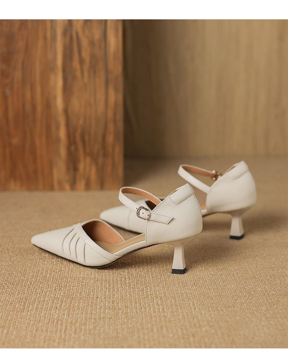 Giày sandal cao gót nữ quai ngang mũi nhọn da cừu gót 5,5 cm — đen chi tiết 18
