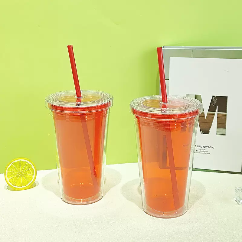 塑料双层杯 大容量450ML奶茶饮品双层焊接隔热吸管杯 黄岩工厂