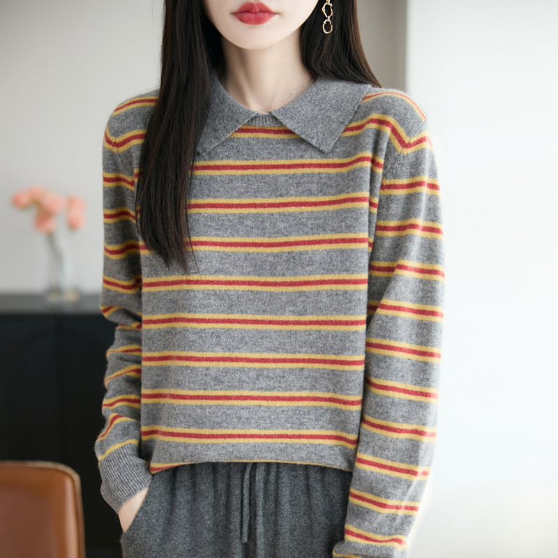 翻领条纹polo领纯羊毛针织衫女小众复古港味秋冬新款女装打底上衣|undefined