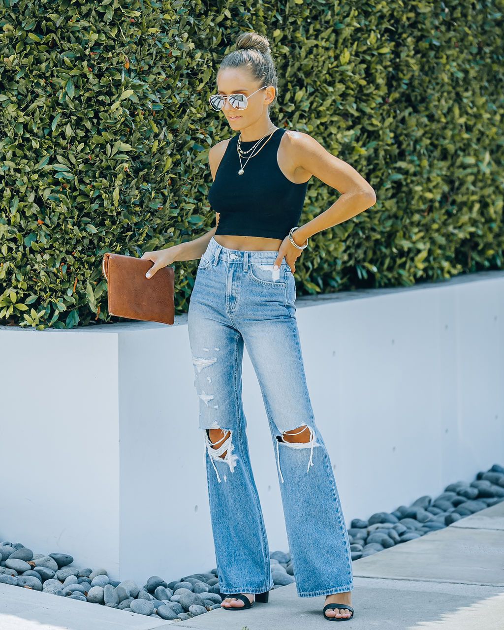 High waist pockets ripped straight jeans NSHM118841