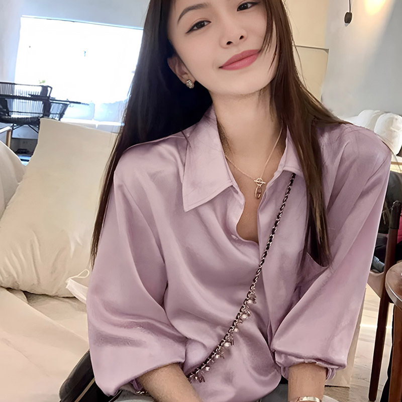 高级感气质粉色醋酸缎面衬衫女秋设计感小众外套衬衣韩系宽松上衣|undefined