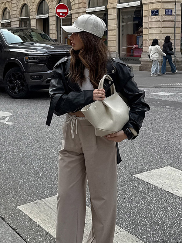 美式设计感机车服宽肩系带短款翻领皮面外套女2025跨境欧美风新款|undefined