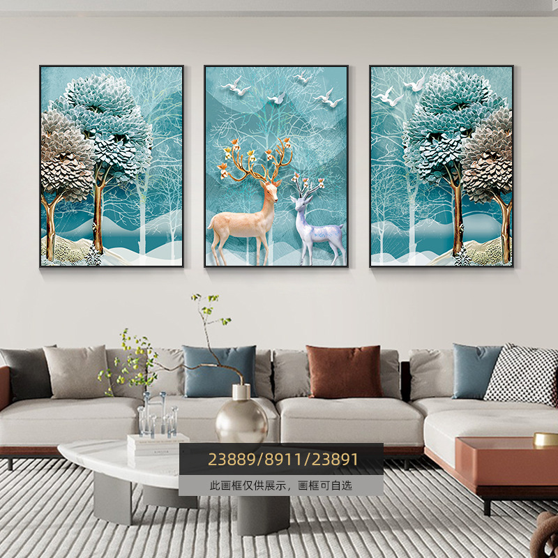 Pintura de decoración de la sala de estar moderna de lujo ligera Fukuyan atmósfera tripartita mural significa un buen fondo de sofá pintura colgante de pared