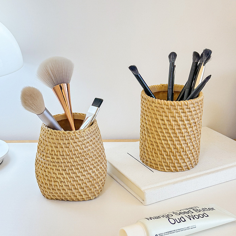 simple tubo de pluma redonda tejida de caña tubo de flor multifuncional cesta de almacenamiento cepillo de maquillaje tubo de almacenamiento ceremonias de té tubo redondo tejido de caña