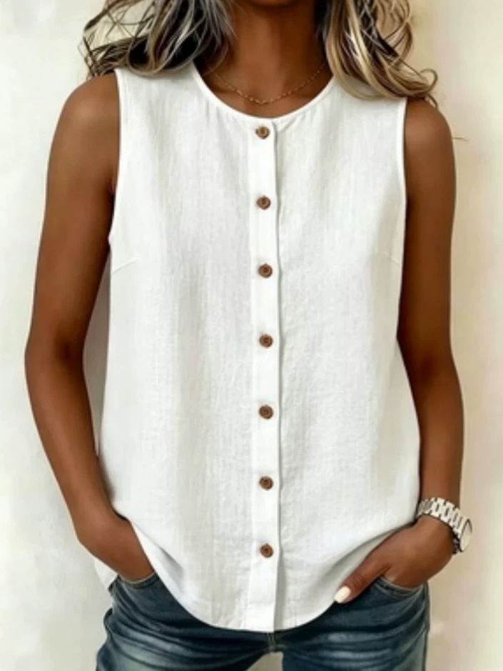 20026 / Amazon Europa y América populares transfronterizas chaleco casual de algodón camisa de mujer sin mangas botones de cuello redondo image 1