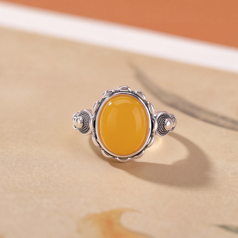 Nhẫn bạc S925 hình hồ lô hoa sen mặt oval phong cách vintage — Một mảnh