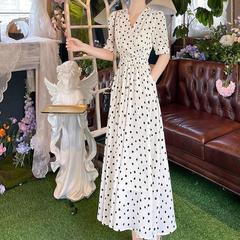 気質、ファッショナブル、レトロな半袖ドレス、水玉模様の夏の新しいロングスカート、西洋スタイルのウエスト痩身ドレス