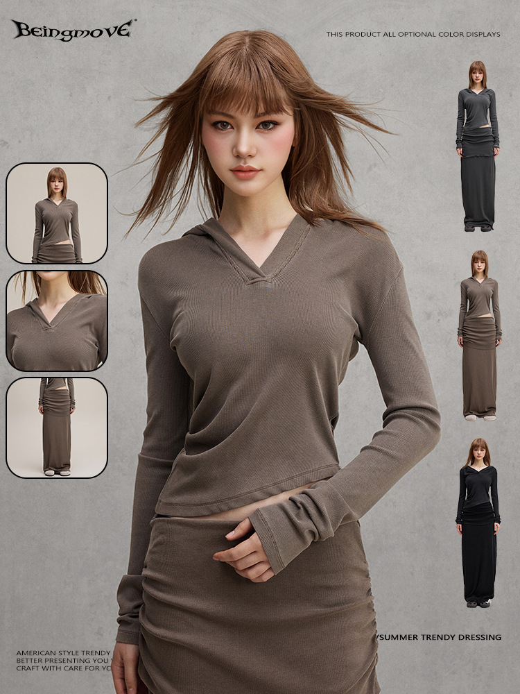Calle secada| 2025 otoño americano hot girl feng shui lavado diseño de hombro inclinado mangas largas delgadas vestido largo conjunto de mujeres