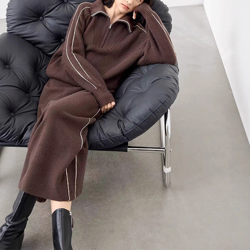 2025秋冬新款针织套装女半拉链翻领撞色套头上衣+高腰半身裙2件套|undefined