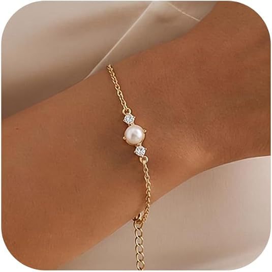 Amazon Simple Freshwater Pearl Inlaid Cubic Zirconia Diamond Bracelet Bridal Wedding Jewelry Bridesmaid Gift