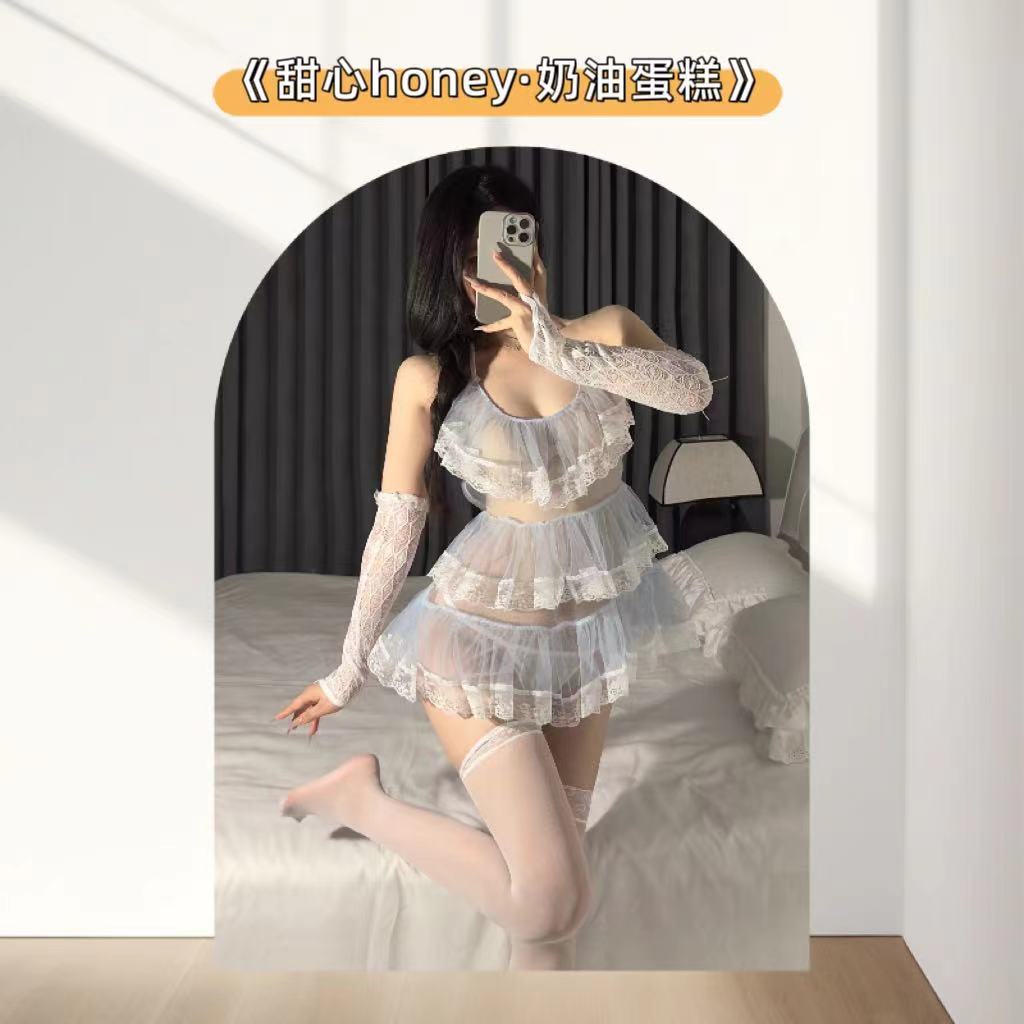 Lace Sling Tutu Skirt Lingerie Set with Sleeves and White Stockings — detail image 2