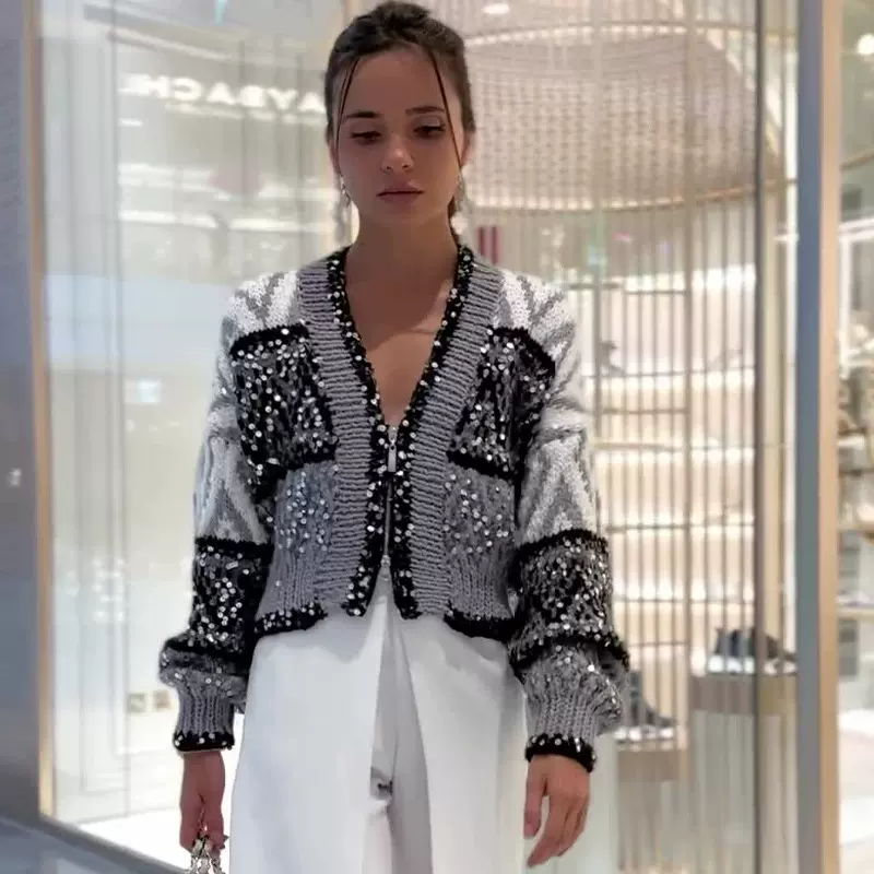 2024秋冬新款欧美亚马逊跨境外贸时尚撞色亮片设计短款毛衣外套女