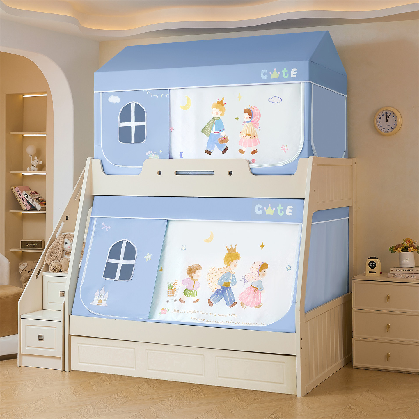 Cama de tipo A con ventanas de dibujos animados para niños y niñas, cama de mosquiteros reforzada para evitar la caída de la cama cortina de cama para niños y niñas