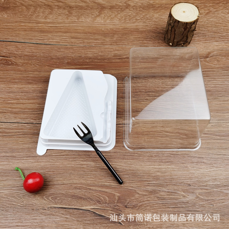 Triángulo grueso corte de fresa Mango mousse caja de pastel caja de embalaje de mil capas con tenedor tapa antiniebla transparente