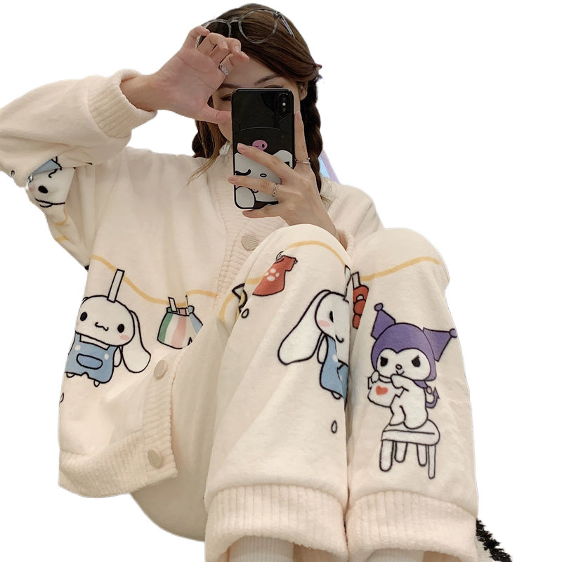 일본식 INS 산호 양털 파자마 여성의 겨울 긴팔 기모 두꺼운 따뜻한 플란넬 플러스 사이즈 가을과 겨울 홈 옷