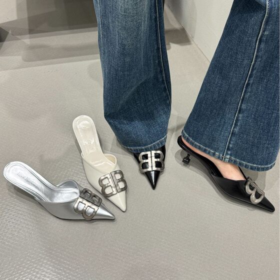 2025 Spring and Summer New Pointed Thin Heel Mid-Heel Fashionable Baotou Half Slippers Metal Buckle Slimming High Heel Sandals for Outer Wear