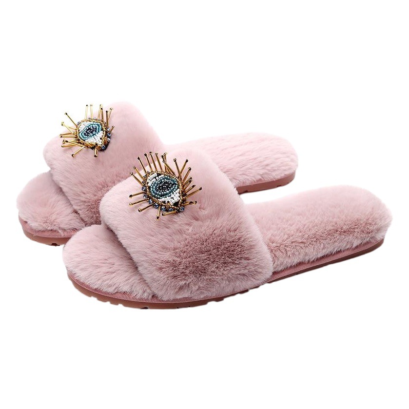 Corea del Sur moda red piel zapatillas ojos felpa zapatillas damas casa suave inferior se puede usar fuera de Zapatillas de algodón al por mayor