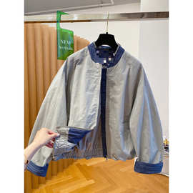 高级感牛仔拼接外套女春秋2025新款早秋装宽松立领棒球服夹克上衣